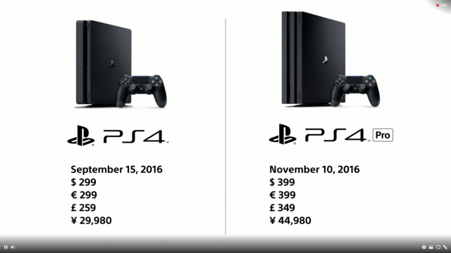 PS4 Slim og PS4 Pro priser: $399 (dollars), €399 (euro), £349 (pund) og ¥44980 (yen)